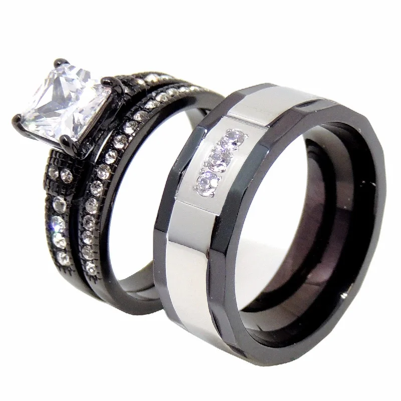 Summit gem ring-Couple Ring Set Womens Princess CZ Black Promise Ring Mens Wedding Band w/ 3 CZ