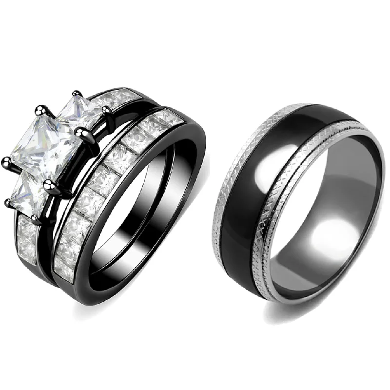 Subtle-carved ring-Couple Rings Black Set Womens 3 Stone Princess CZ Stainless Steel 2 Rings Mens Matching Band