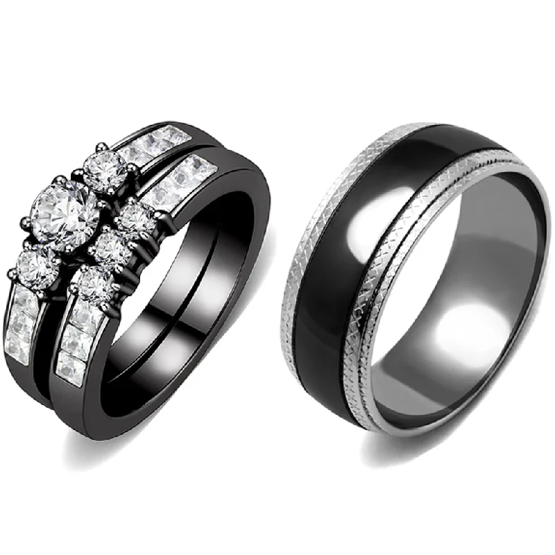 Dimpled ring-Couple Rings Black Set Womens Stainless Steel Small Round CZ Engagement Ring Set Mens Wedding Band