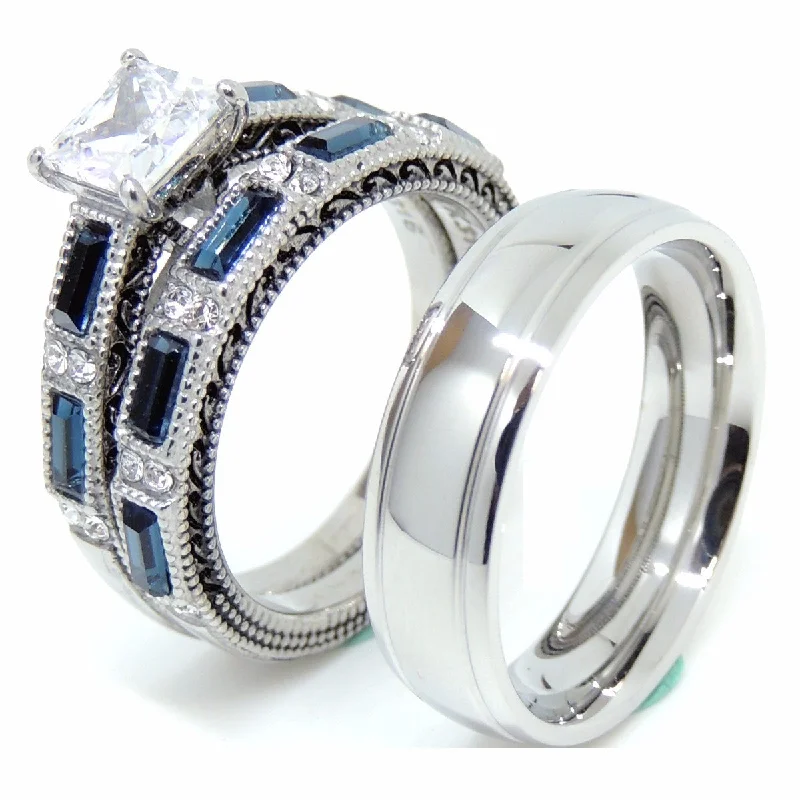 Sun glow ring-Couple Rings Set Womens Blue and Clear CZ Wedding Ring Mens Engagement Band