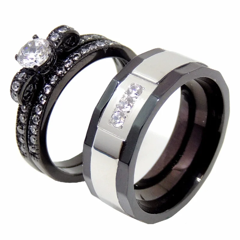 Sharp stone ring-Couples Ring Set Womens Black Anniversary Ring Mens 3 CZ Two Tone Wedding Band