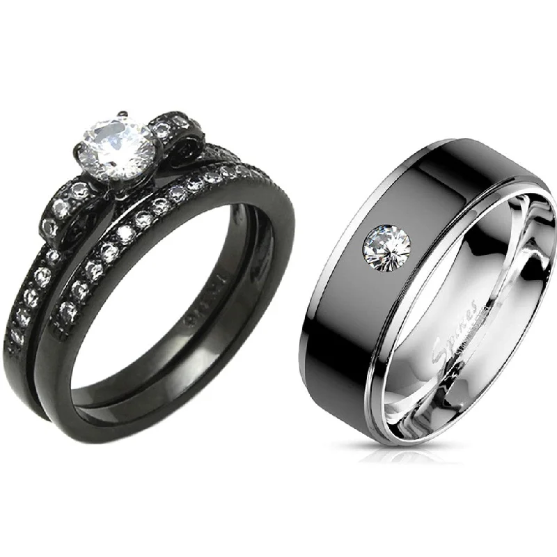 Swirled design ring-Couples Ring Set Womens Black Anniversary Ring Mens Bezel Set CZ  Wedding Band