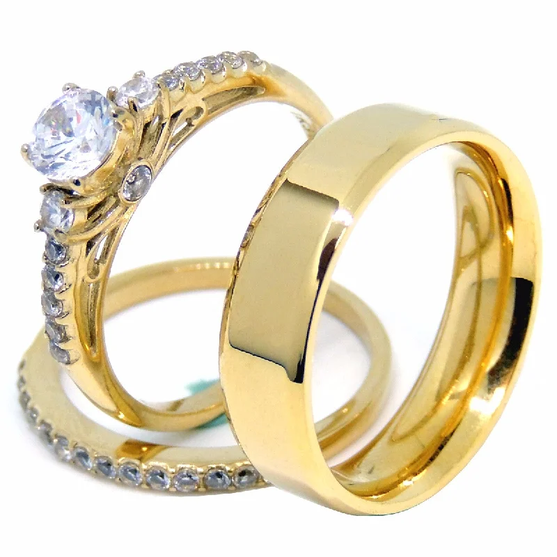 Lush gold ring-Couples Ring Set Womens Gold Plated 0.6 Carat Round CZ Ring Set Mens Gold Plated Flat Wedding Band