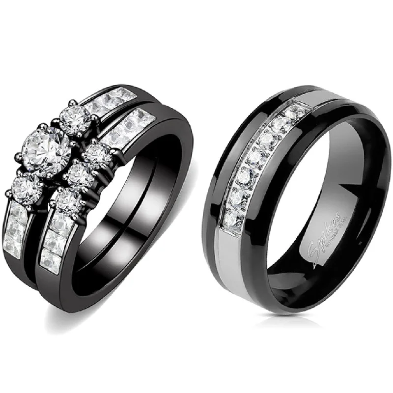 Grooved pattern ring-Couples Rings Black Set Womens 3 Stone Small Round CZ Engagement Ring Mens 7 CZs Two Tone Band