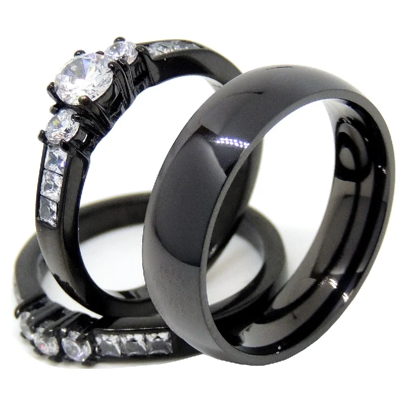 Satin gold ring-Couples Rings Black Set Womens 3 Stone Small Round CZ Engagement Ring Mens Traditional Wedding Band