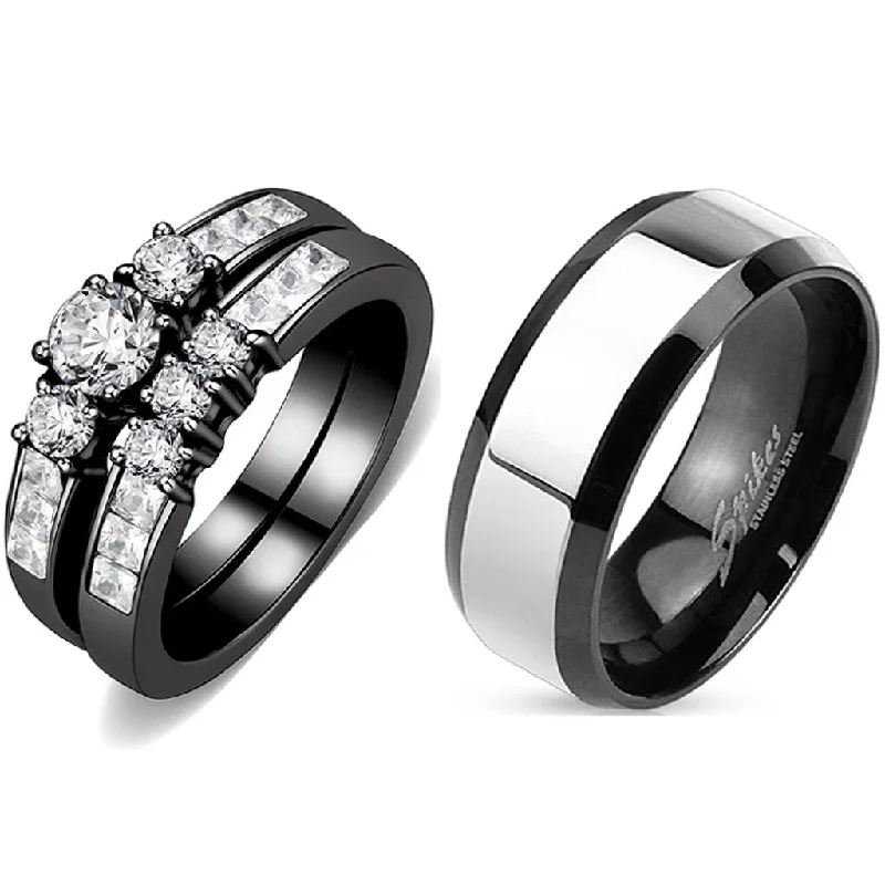 Brushed steel ring-Couples Rings Black Set Womens 3 Stone Small Round CZ Engagement Ring Mens Two Tone Band