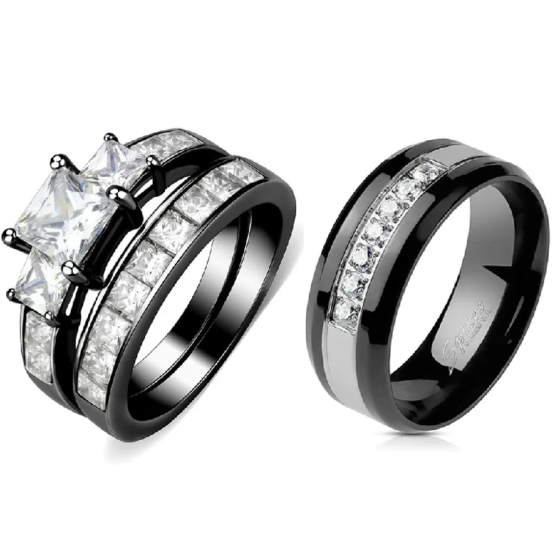 Tesselated band ring-Couples Rings Black Set Womens 3 Stone Type Princess CZ Engagement Ring Mens 7 CZs Two Tone Band