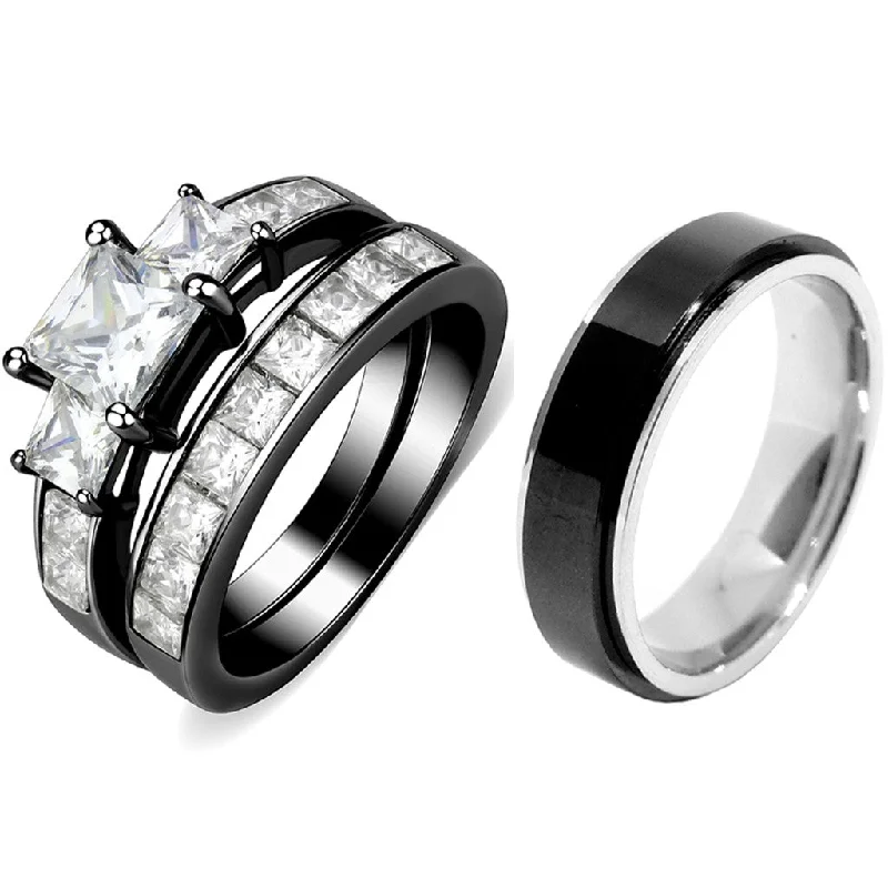 Broad-level ring-Couples Rings Black Set Womens 3 Stone Type Princess CZ Engagement Ring Mens Two Tone Spinning Band