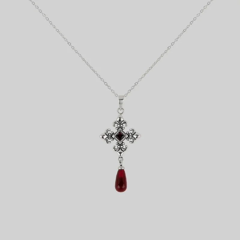 Sparkling drop necklace-CRIMSON. Fleur de Lis Garnet Collar - Silver