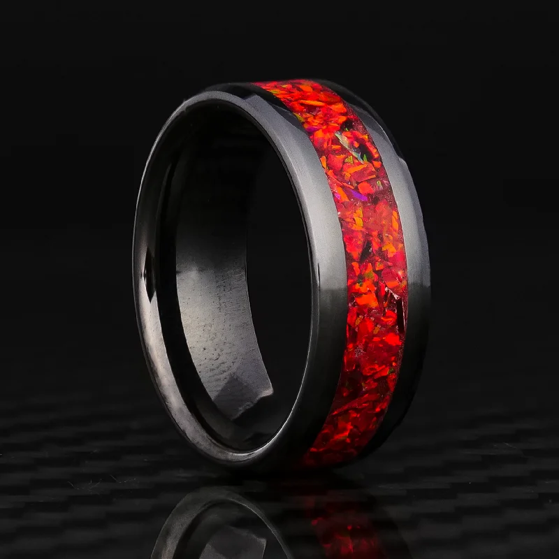 Glossy obsidian ring-Crimson Red Opal Glowstone Ring on Black Ceramic