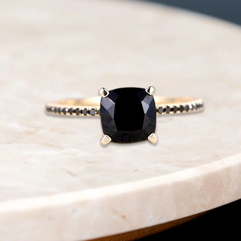 Luminous diamond ring-Cushion Cut Black Diamond Ring In 14 K Rose Gold For Her, Black Diamond Ring