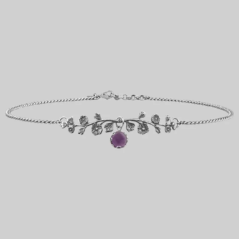 Natural garnet necklace-DARK BLOOM. Amethyst Choker - Silver