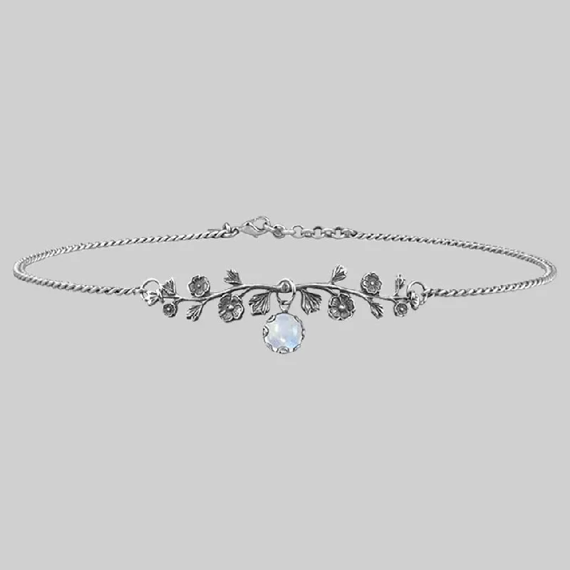 Shiny gem necklace-DARK BLOOM. Rainbow Moonstone Choker - Silver