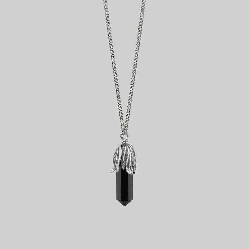 Outstretched gem necklace-DEATH BLOOM. Black Agate Gemstone Necklace - Silver