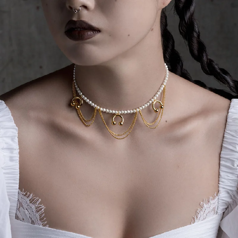 Tesselated chain necklace-DECADENCE. Pearl & Chunky Barbell Collar - Gold