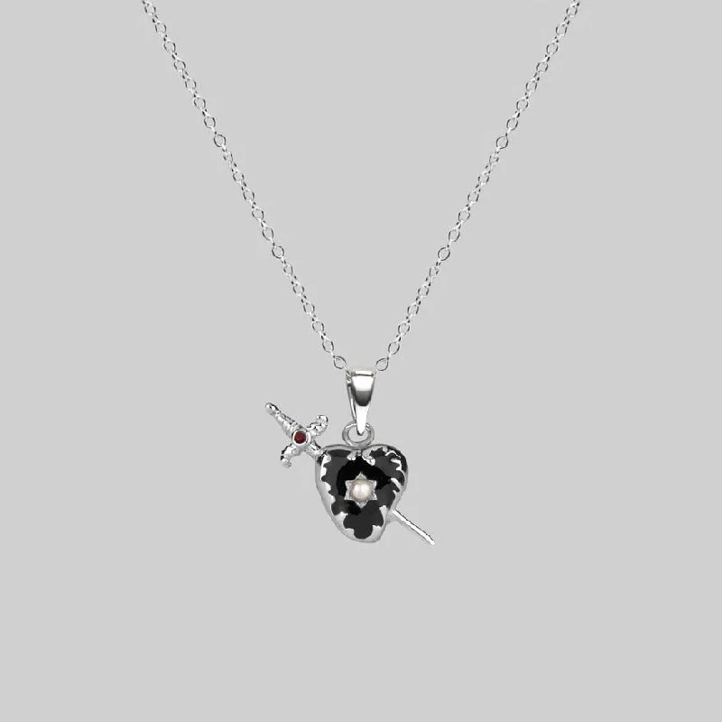 Classic ruby necklace-DEVOTION. Black Heart & Sword Silver Necklace