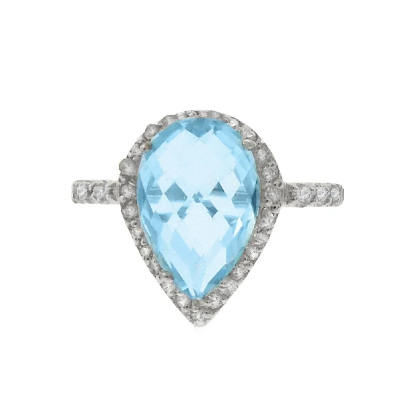 Summit gem ring-Dolce Giavonna Silver Overlay Blue Topaz and Cubic Zirconia Teardrop Ring