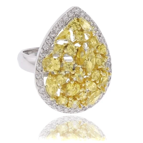 Summit gem ring-Dolce Giavonna Silver Overlay Yellow and White Cubic Zirconia Teardrop Ring