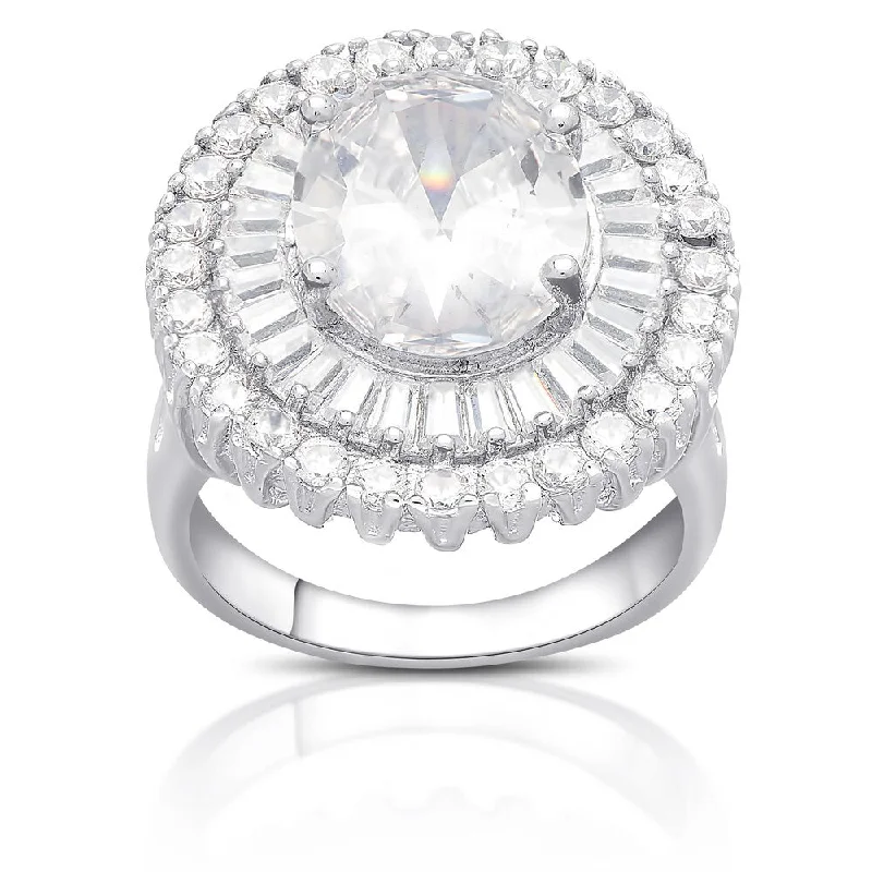 Nonagonal stone ring-Dolce Giavonna Sterling Silver Round Cubic Zirconia Halo Cocktail Ring