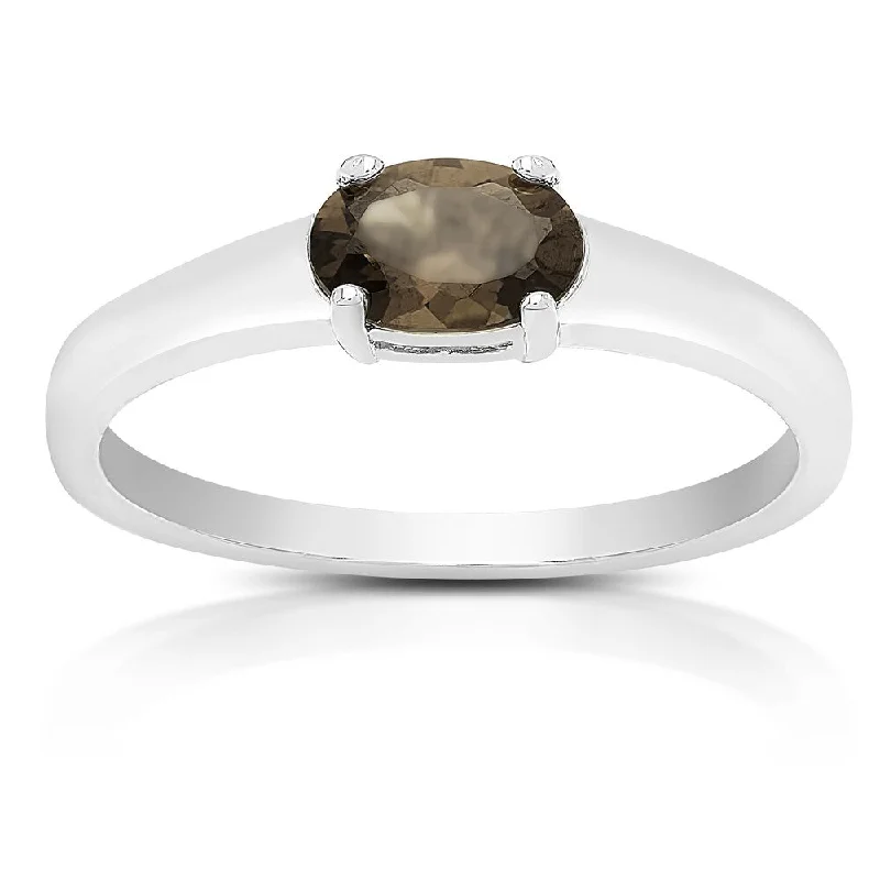 Peaked ridge ring-Dolce Giavonna Sterling Silver Smokey Quartz Oval Solitaire Ring