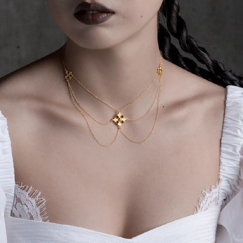 Glowing iolite necklace-ELVIRA. Medieval Cross Garnet Necklace  - Gold