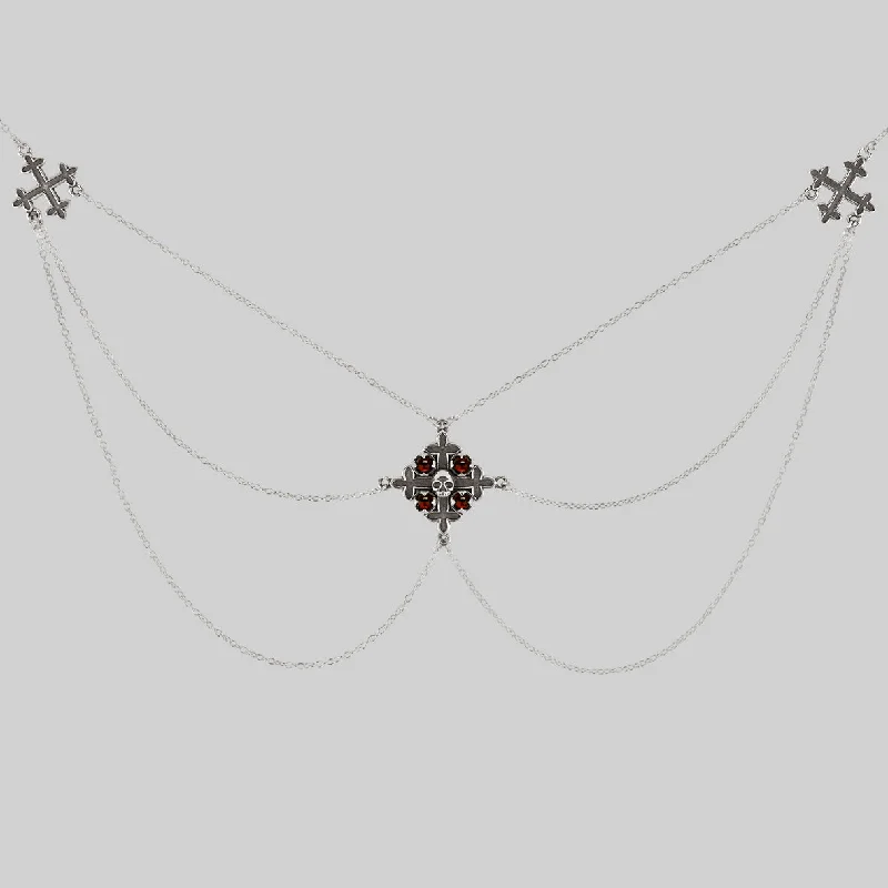 Curving bar necklace-ELVIRA. Medieval Cross Garnet Necklace  - Silver