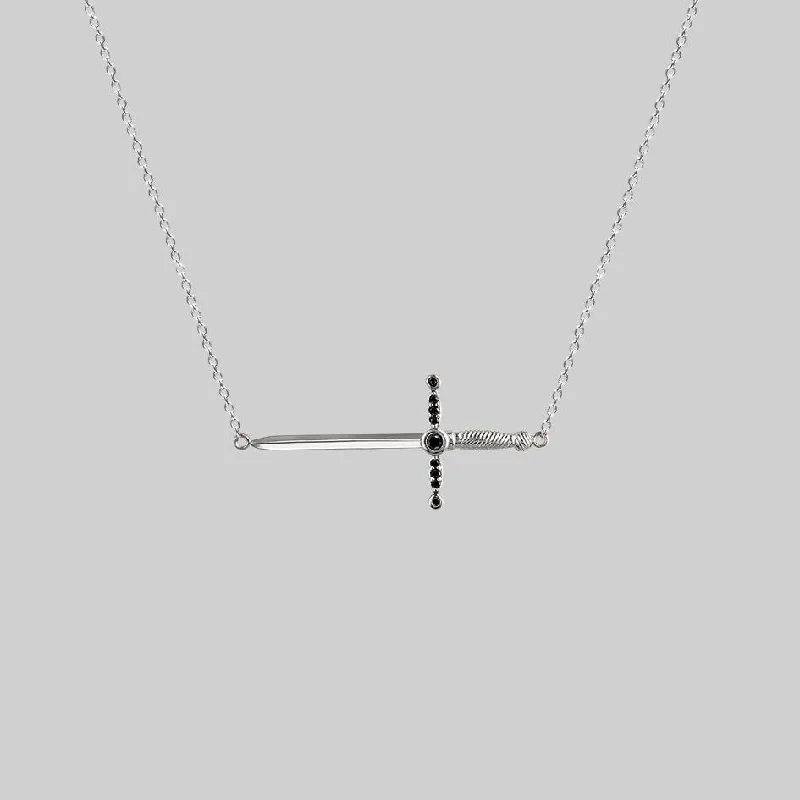 Offset stone necklace-ELYSIAN. Black Spinel Dagger Necklace - Silver