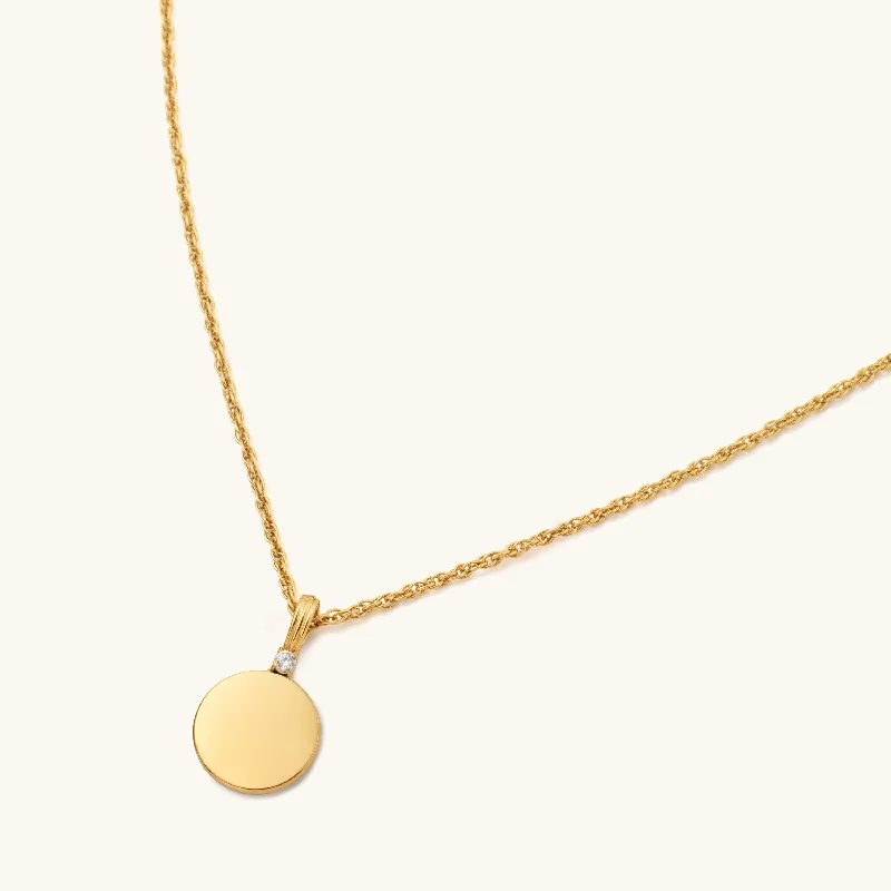 Crafted gold necklace-Engravable Disc with CZ Necklace