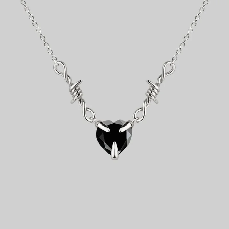 Pure stone necklace-FATAL. Barbed Wire & Black Onyx Heart Necklace - Silver