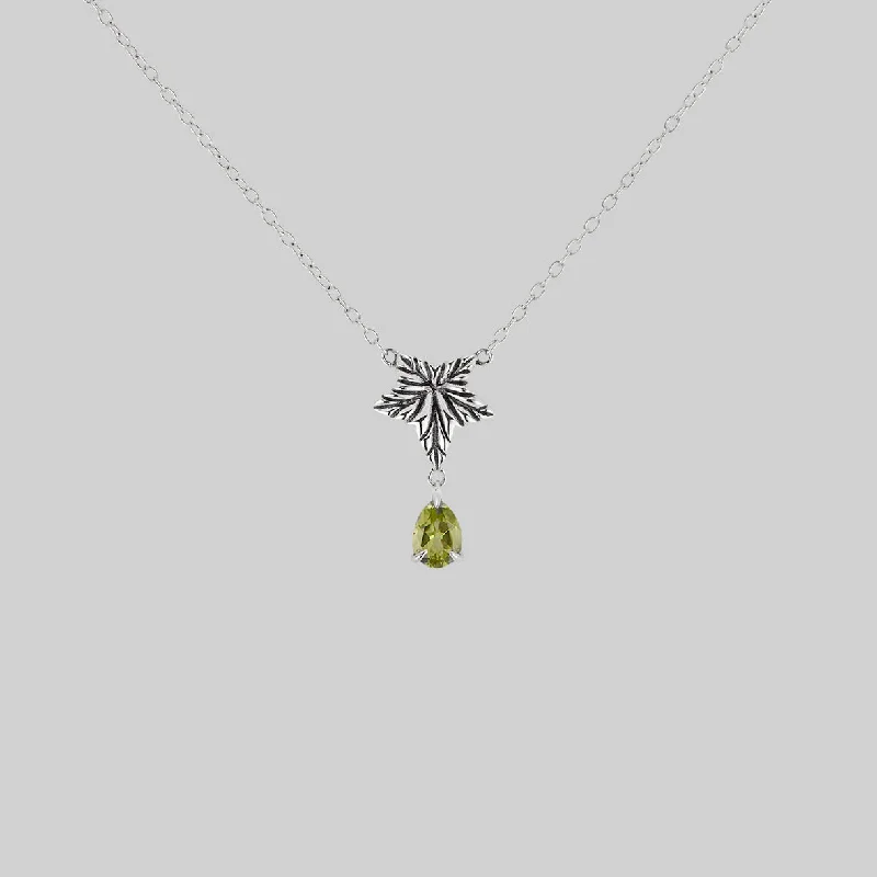 Vine-curl necklace-FERONIA. Ivy Leaf Peridot Drop Necklace - Silver