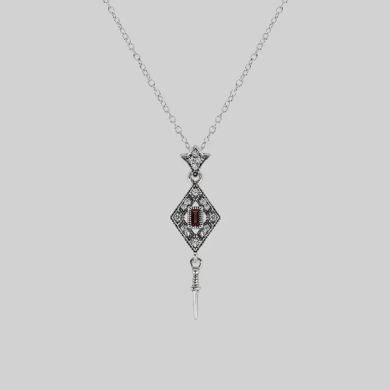 Sun glow necklace-FLAPPER. Gatsby Garnet & Sword Necklace - Silver