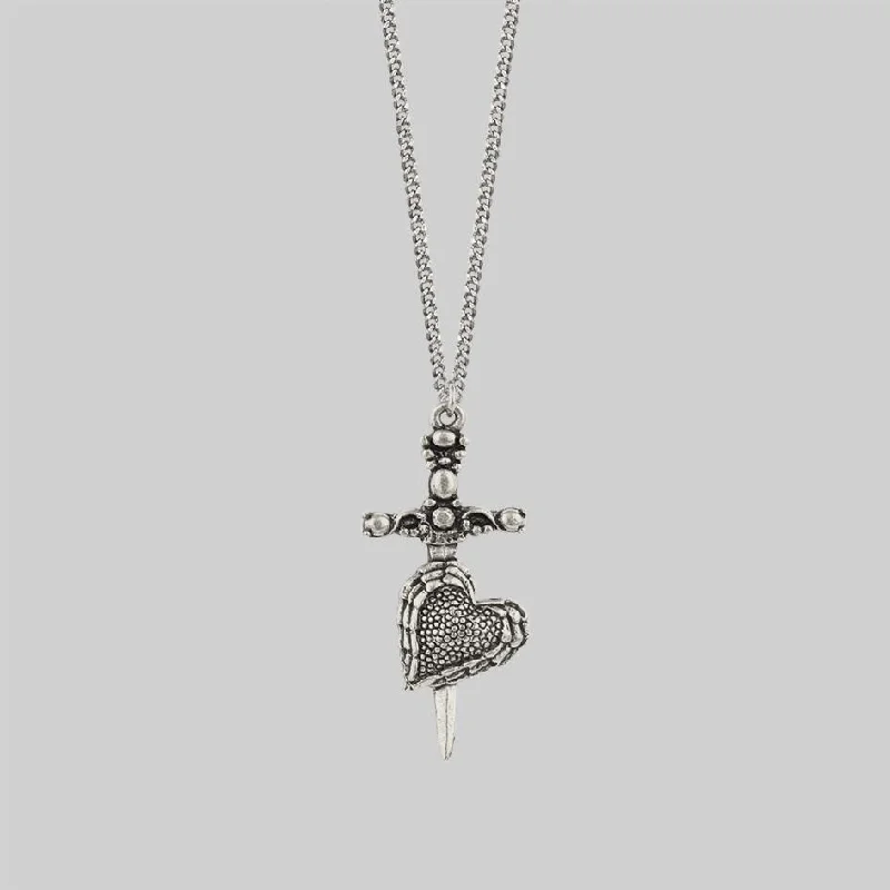 Crafted silver necklace-FORBIDDEN. Heart Dagger Necklace - Silver