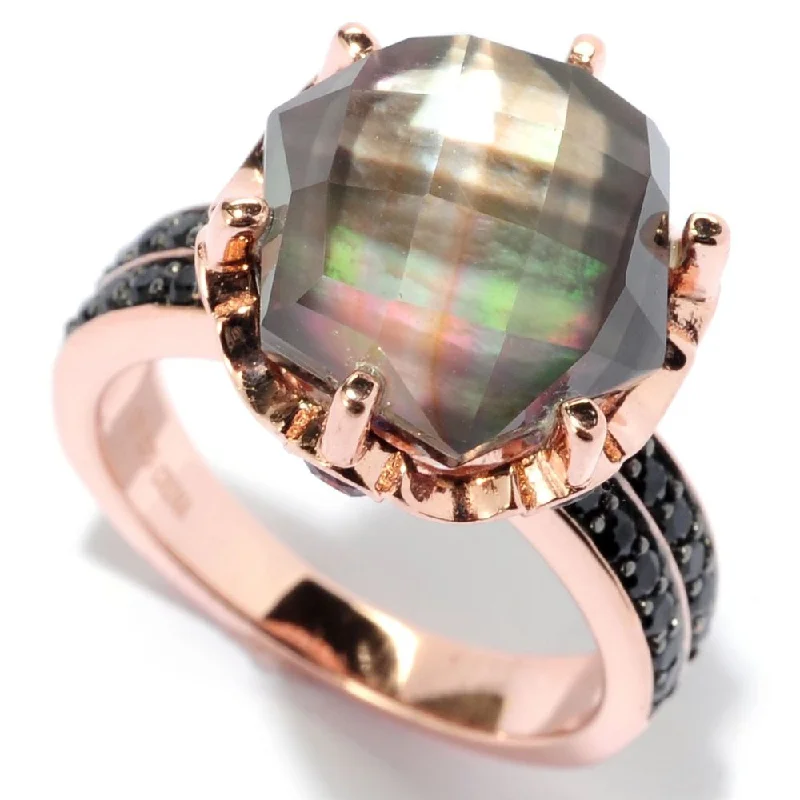 Delicate silver ring-Gold over Silver Mother of Pearl Doublet Amethyst and Black Spinel Crown Ring