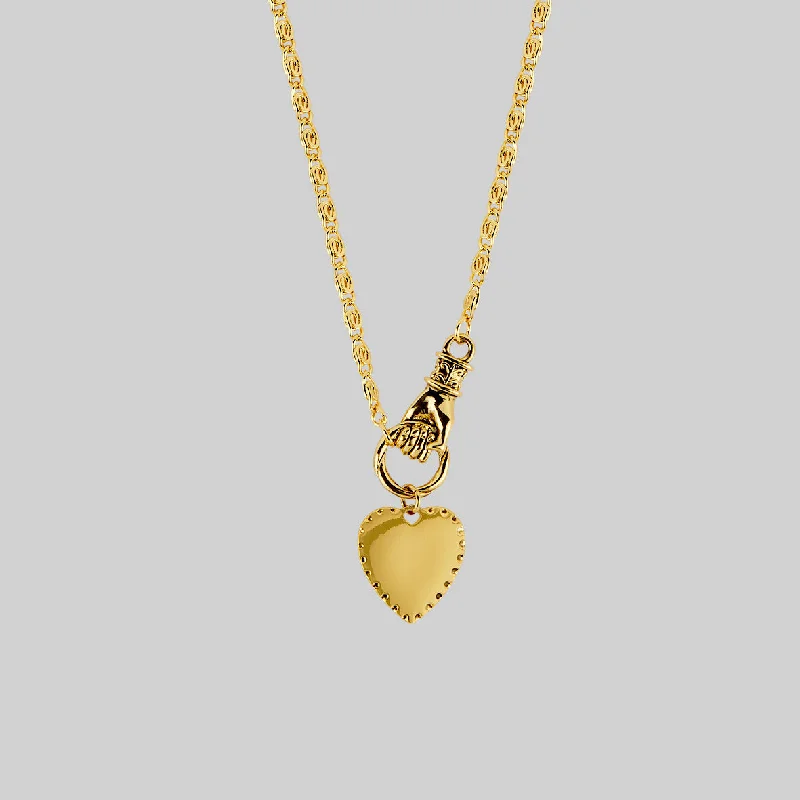 Dewdrop gem necklace-HAND OF GLORY. Grasping Heart Necklace - Gold