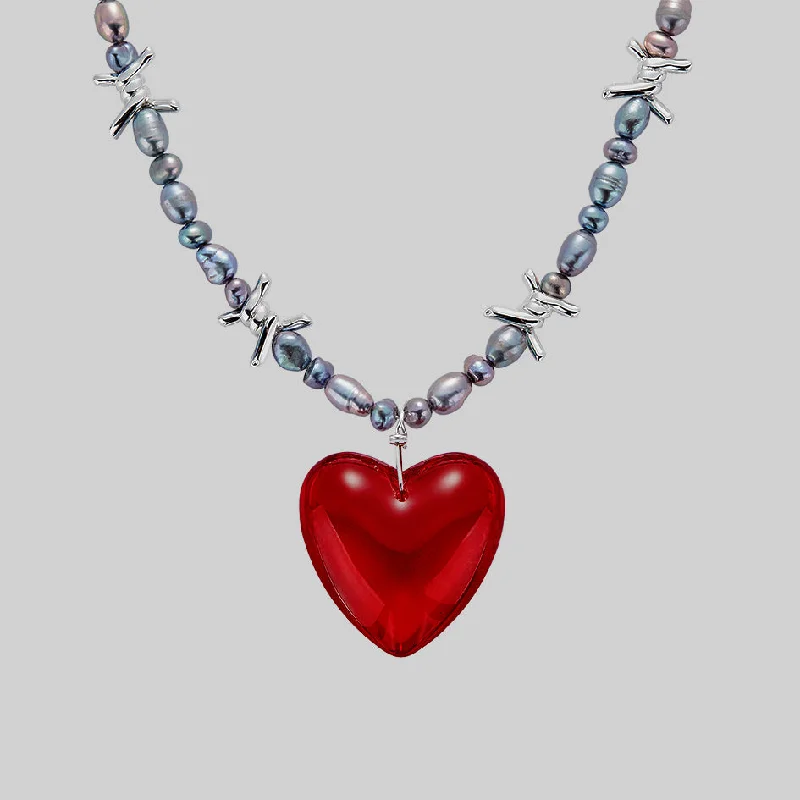 Assorted gem necklace-HEART OF STONE. Barbed Wire & Black Pearl Necklace - Silver