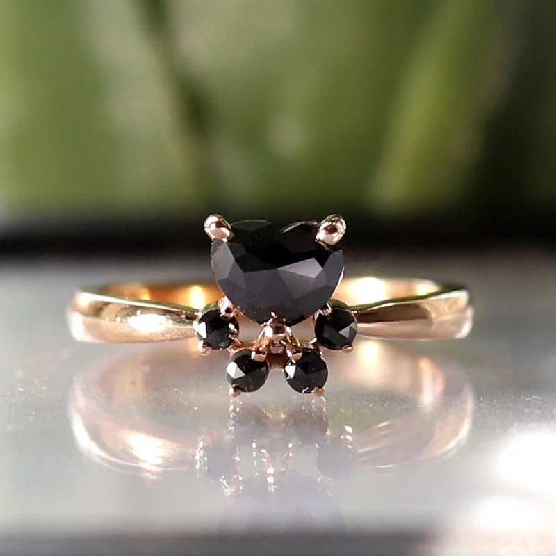 Rough-hewn stone ring-0.77ct Black Diamond Heart Paw Ring