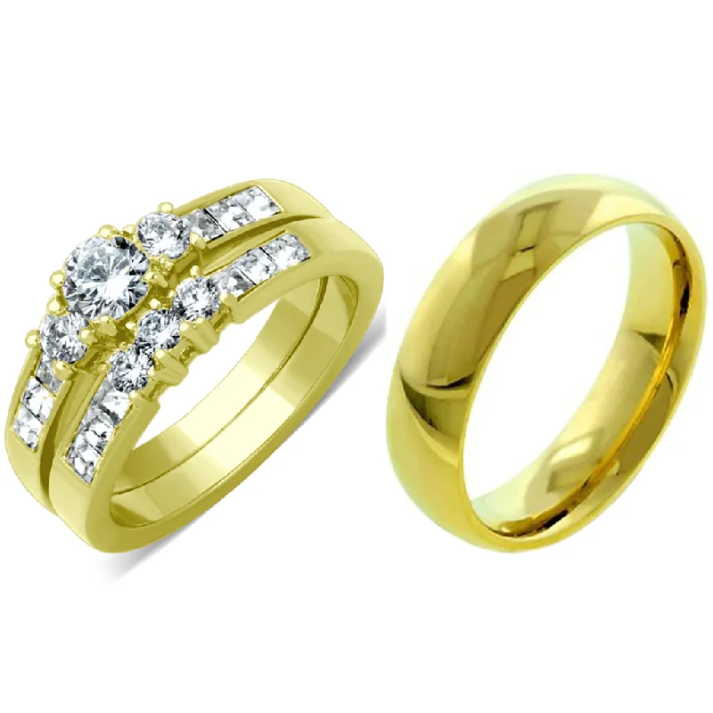 Deep obsidian ring-His Hers 3 Pcs Gold IP Stainless Steel Small Round Cut CZ Wedding Ring set and Mens Band