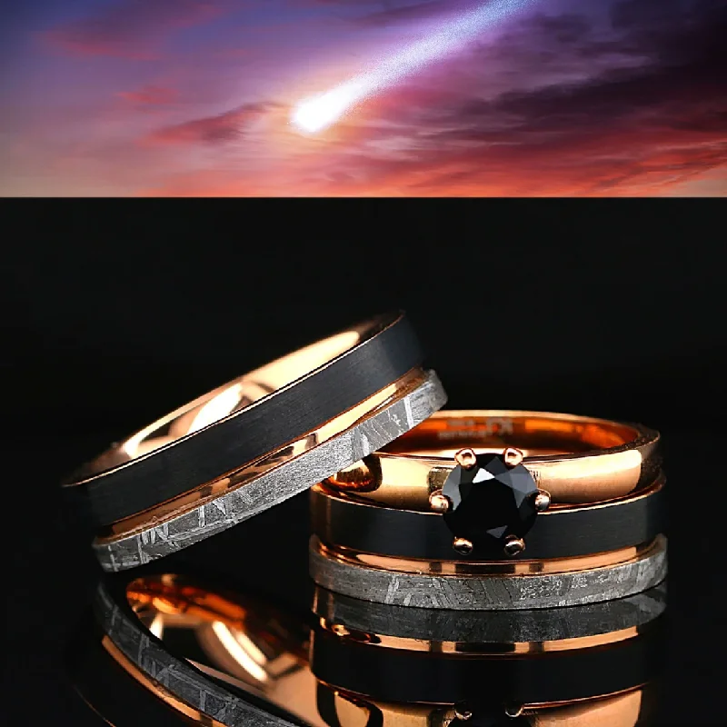 Glowing iolite ring-3PCs Couple Ring Set | Gold Plated Stainless Steel Engagement Ring | Natural Meteorite Wedding Bands for Him and Her | Tungsten Black & Gold Wedding Band