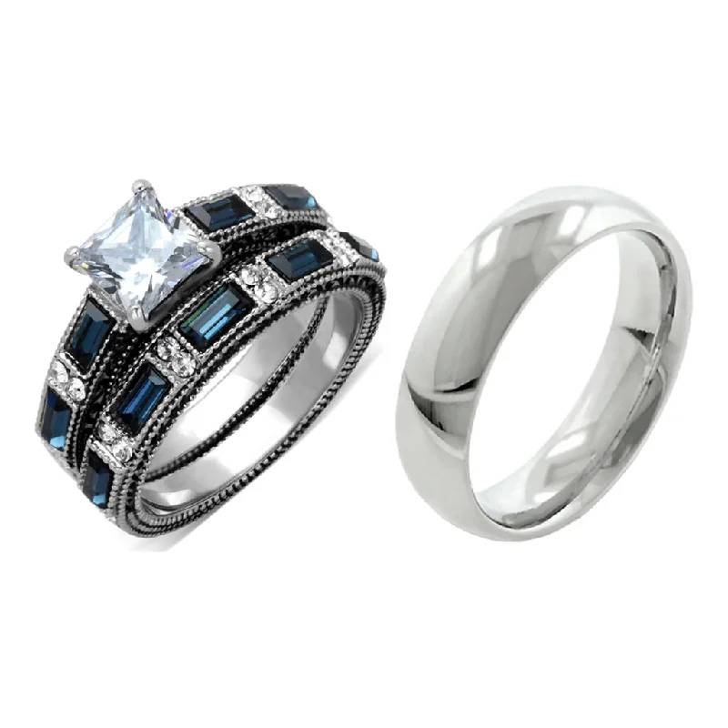 Classic emerald ring-His Hers 3 PCS Stainless Steel Clear Princess CZ Deep Blue CZ Wedding Ring set Mens Dome Band