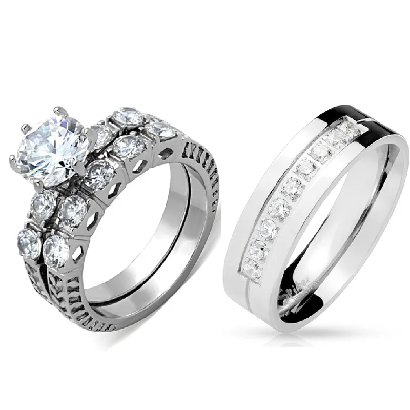 Stout shank ring-His Hers 3 PCS 8x8mm Round Cut CZ Womens Stainless Steel Wedding Ring Set Mens 9 CZ Band