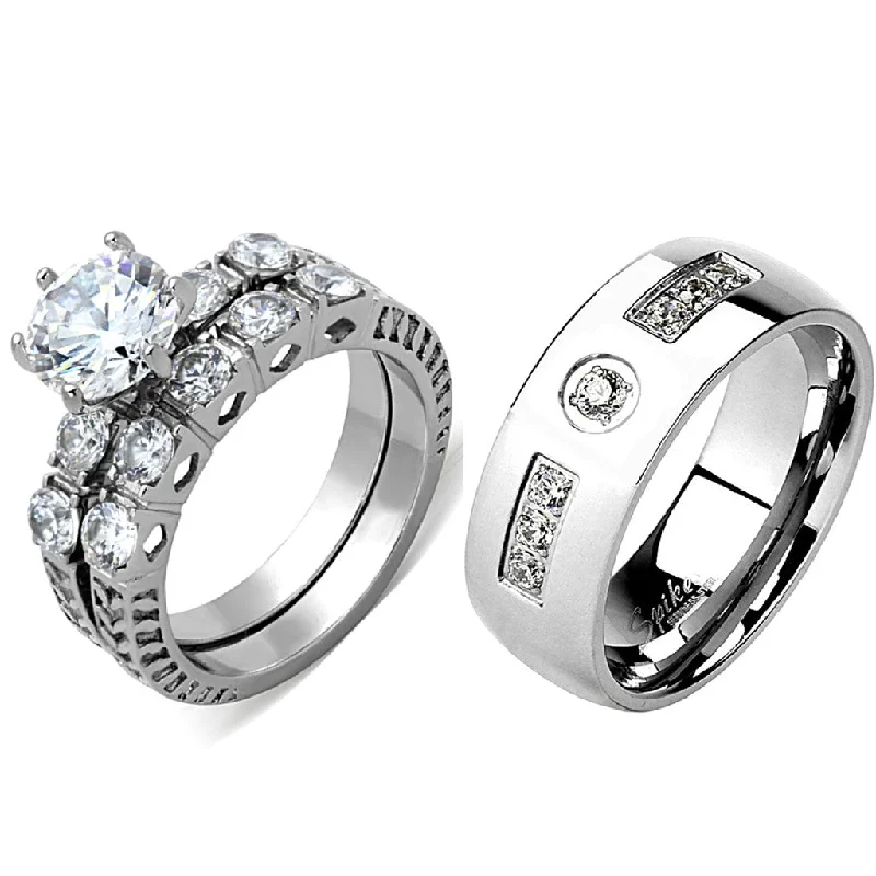 Grooved rim ring-3 PCS Couple Ring Set Womens 8x8mm Round Cut CZ Stainless Steel Wedding Ring Set Mens 7 CZ Band