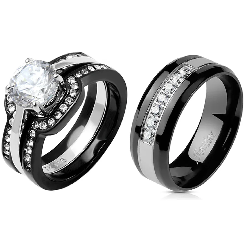 Worn-rim ring-His Hers 4 PC Ring Set Womens Round CZ Engagement Two Tone Ring Mens 7 CZs Wedding Band