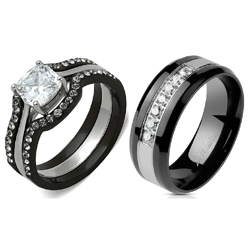 Vintage-edge ring-His Hers 4 PCS Black Cushion Cut CZ Promise Ring Mens 7 CZ Wedding Band