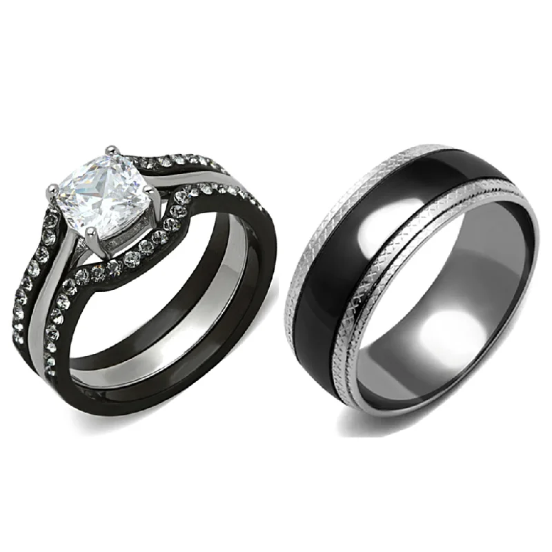 Crafted gold ring-His Hers 4 PCS Black IP Stainless Steel Cushion Cut CZ Wedding Set Mens Matching Black Band