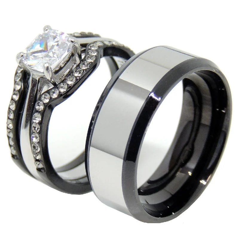 Sparkling gem ring-His Hers 4 PCS Black IP Stainless Steel Cushion Cut CZ Wedding Set Mens Two Tone Band