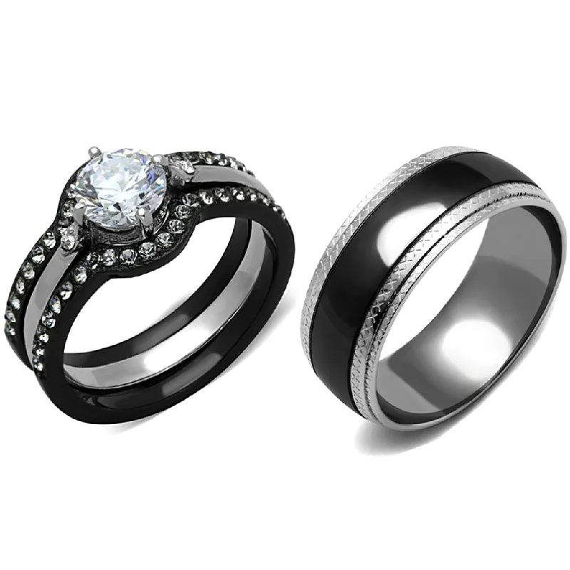 Assorted gem ring-His Hers 4 PCS Black IP Stainless Steel Round Cut CZ Wedding Set Mens Matching Band