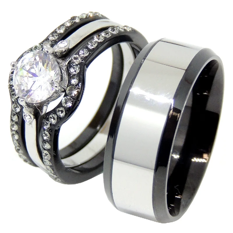 Pulse-wave ring-His Hers 4 PCS Black IP Stainless Steel Round Cut CZ Wedding Set Mens Two Tone Band