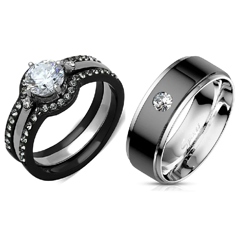 Sun glow ring-His Hers 4 PCS Round Cut CZ Black Engagement Ring Set Mens Bezel Set CZ  Wedding Band