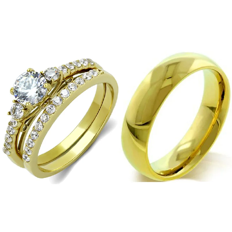 Rich kyanite ring-His Hers Couple 3 PCS 5x5mm Round Cut CZ Gold IP Stainless Steel Wedding Set Mens Gold Band