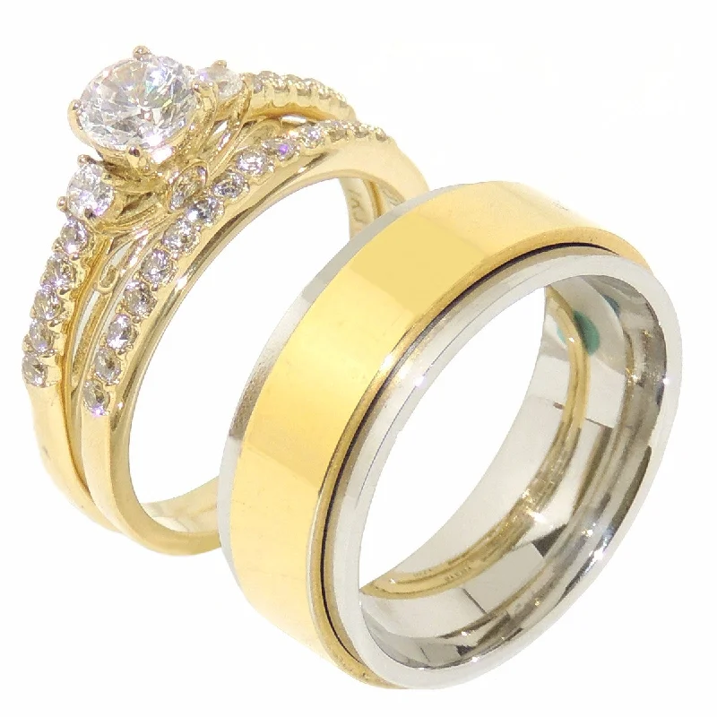 Rounded stone ring-His Hers Couple 3 PCS 5x5mm Round Cut CZ Gold IP Stainless Steel Wedding Set Mens Gold Spinning Band